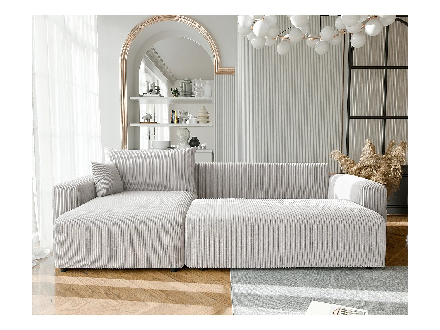 Canapé d'angle convertible tissu velours côtelé vanille