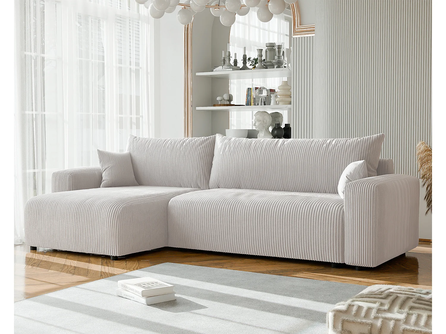 Canapé d'angle convertible tissu velours côtelé vanille