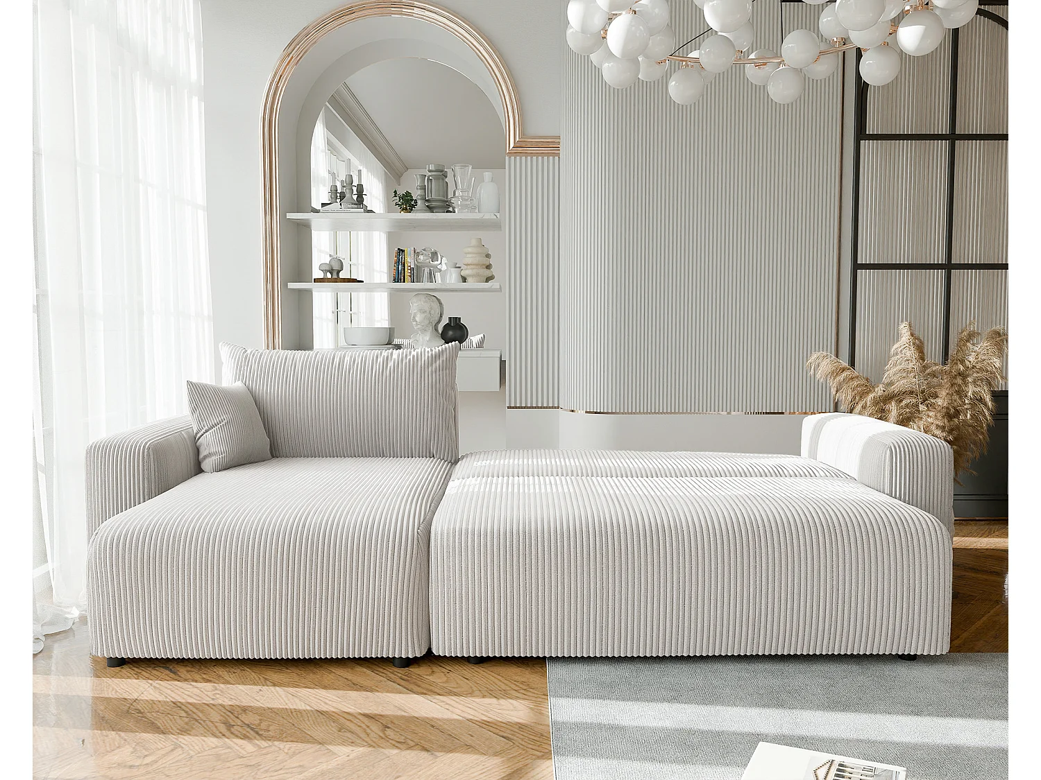 Canapé d'angle convertible tissu velours côtelé vanille