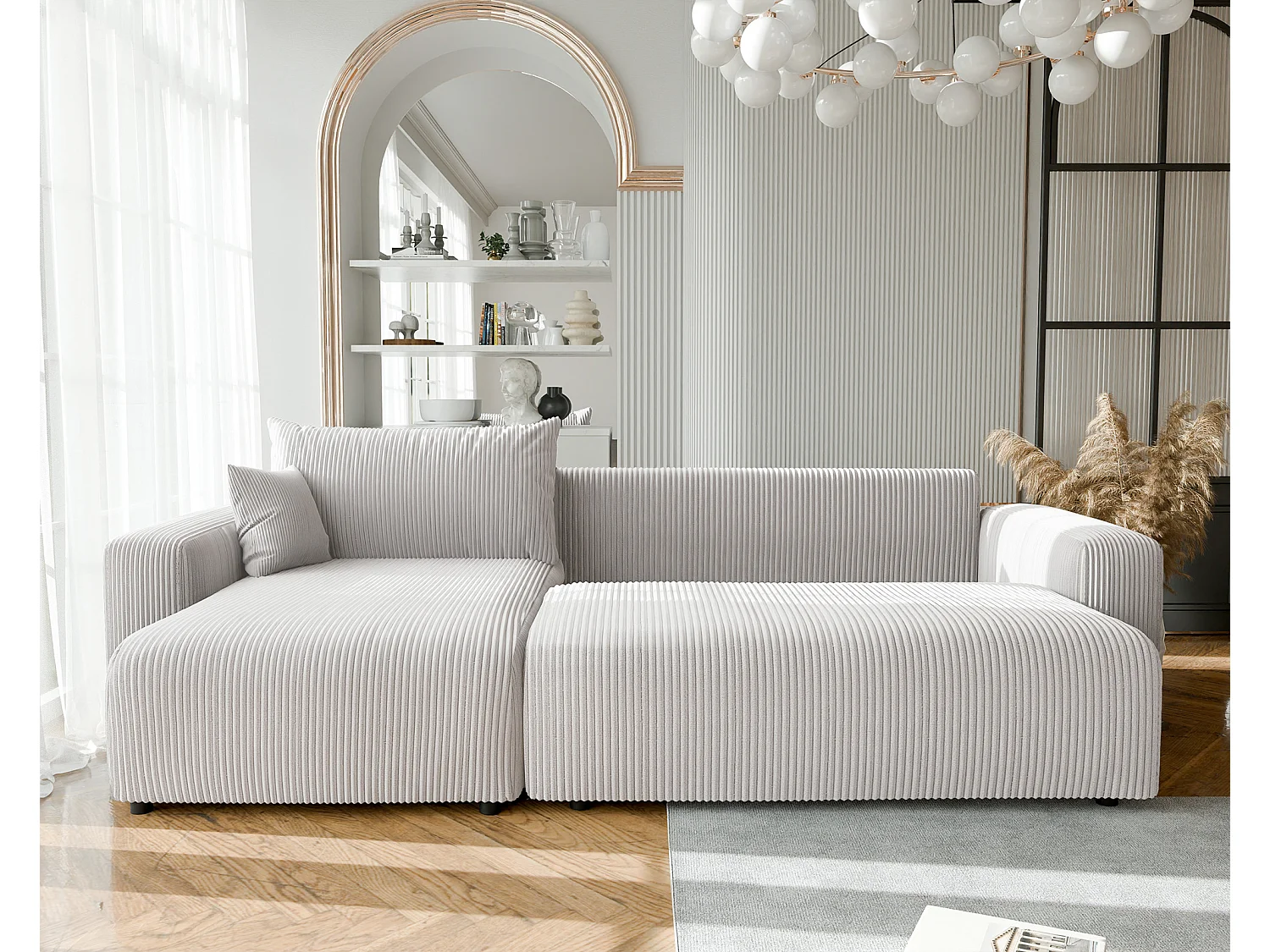 Canapé d'angle convertible tissu velours côtelé vanille