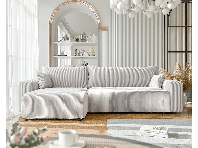 Canapé d'angle convertible tissu velours côtelé vanille