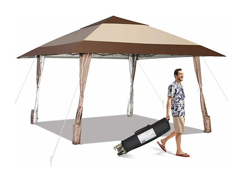 Gazebo de jardim dobrável 3m x 3m com suportes de ferro e rodas barraca de recepção à prova d'água upf 50+ em altura 265-285cm 20_0004988