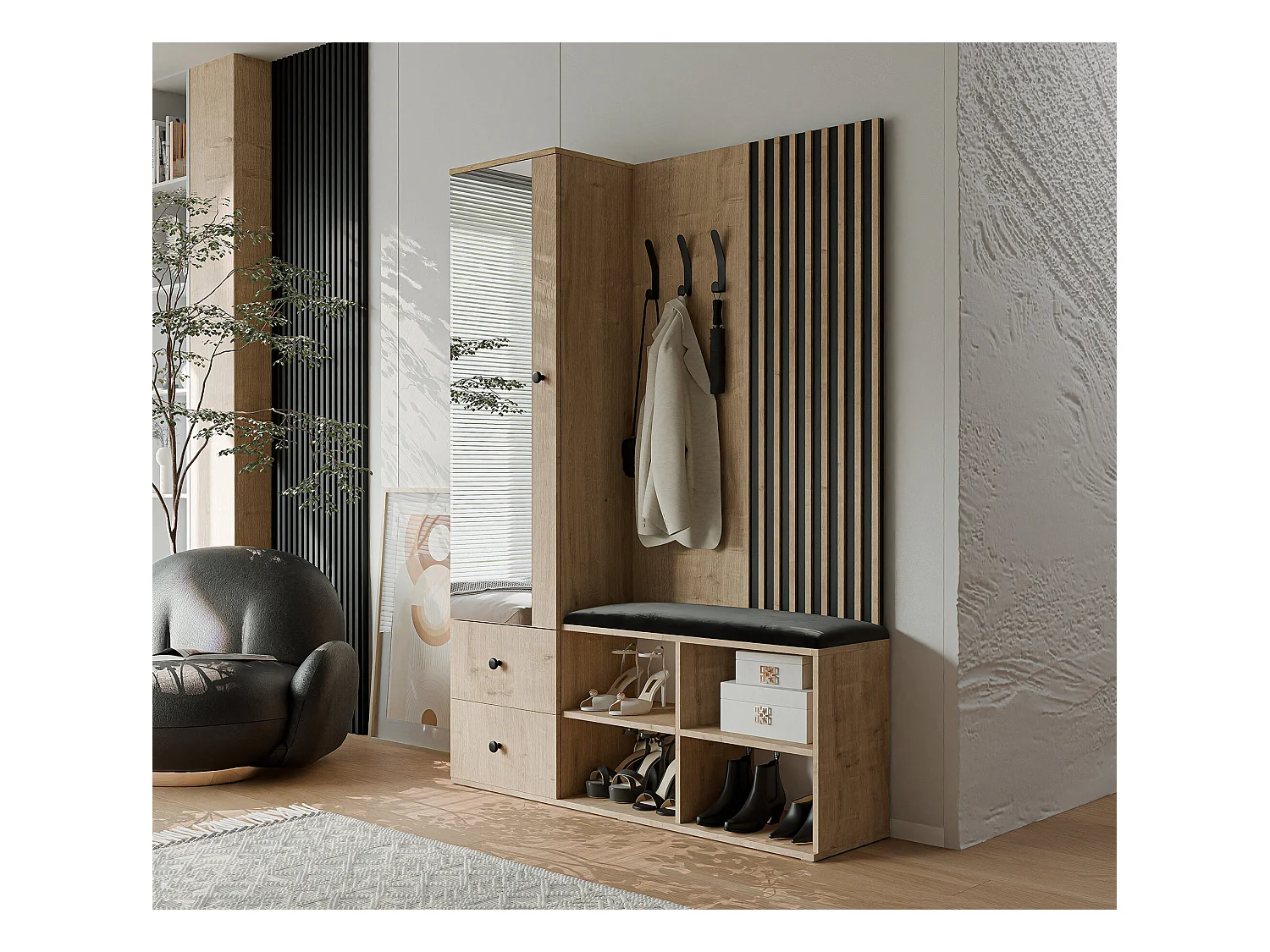 Vestiaire avec 1 porte, 2 tiroirs et 1 miroir, chêne artisanal