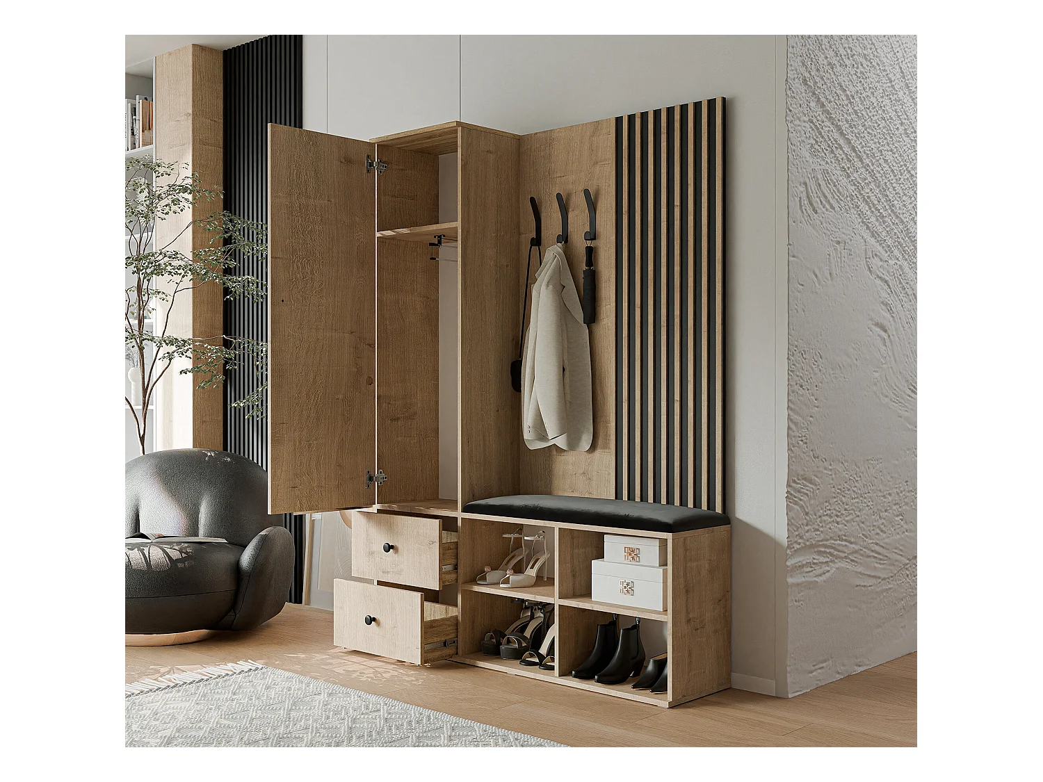 Vestiaire avec 1 porte, 2 tiroirs et 1 miroir, chêne artisanal