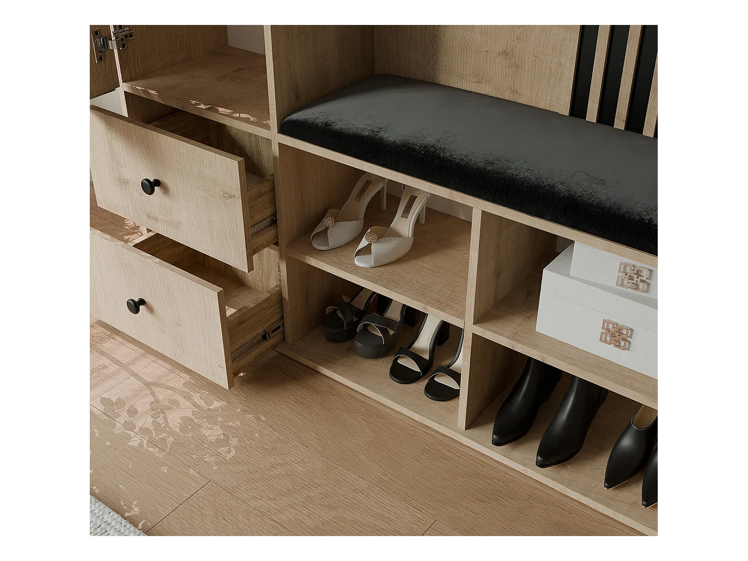 Vestiaire avec 1 porte, 2 tiroirs et 1 miroir, chêne artisanal