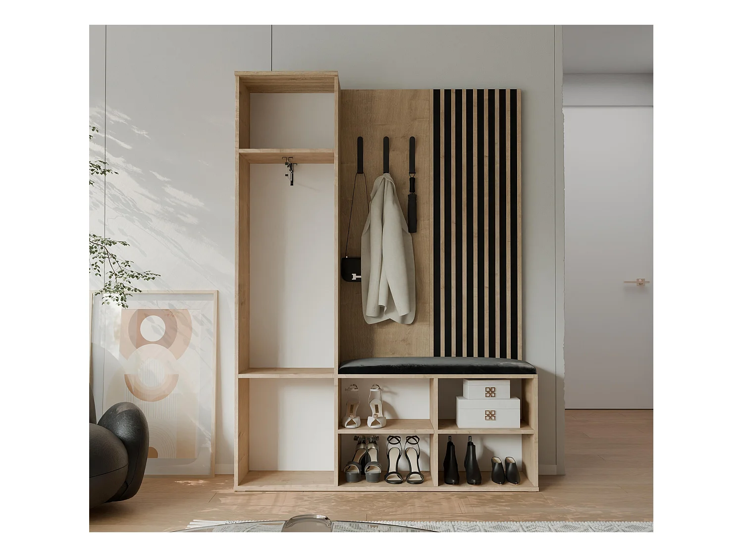 Vestiaire avec 1 porte, 2 tiroirs et 1 miroir, chêne artisanal