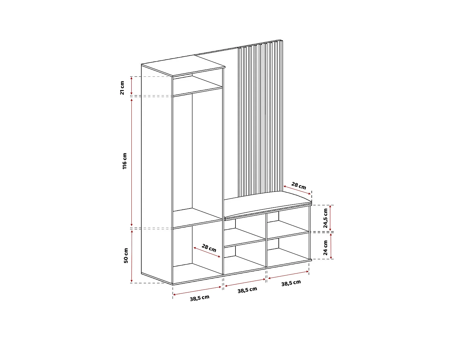 Vestiaire avec 1 porte, 2 tiroirs et 1 miroir, chêne artisanal