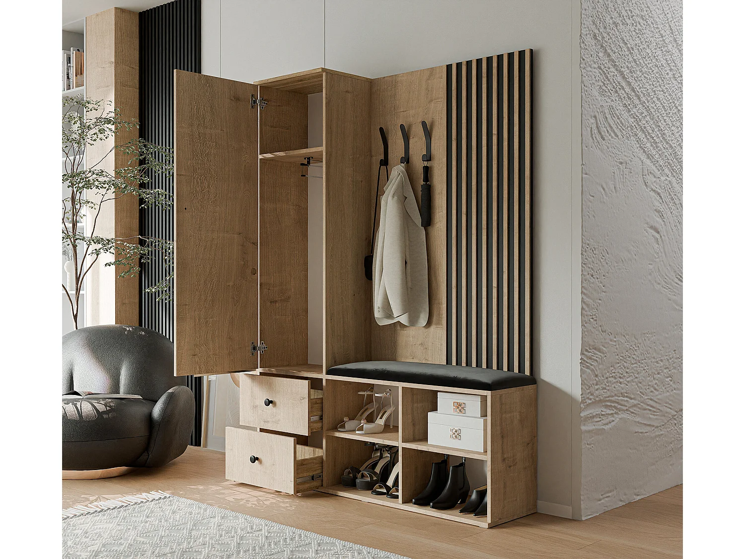 Vestiaire avec 1 porte, 2 tiroirs et 1 miroir, chêne artisanal