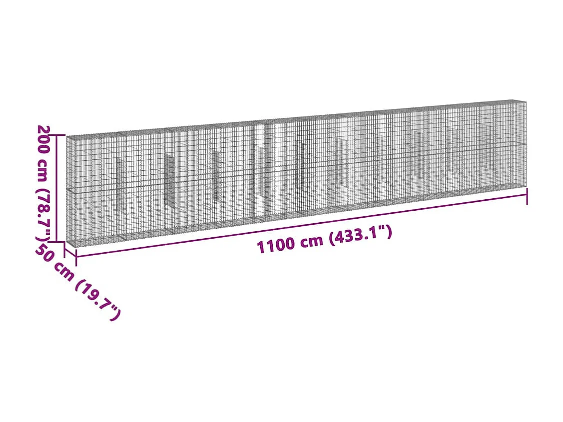 Gabião cerca de gaiola muro de contenção com tampa 1100 x 50 x 200 cm ferro galvanizado prata 02_0040127