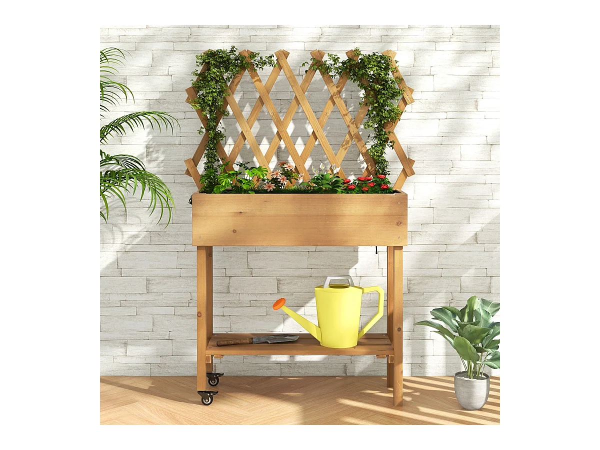 Letto da giardino rialzato in legno con ripiano a traliccio Fioriera rialzata con ruote bloccabili Rivestimento in tessuto naturale 20_0008703
