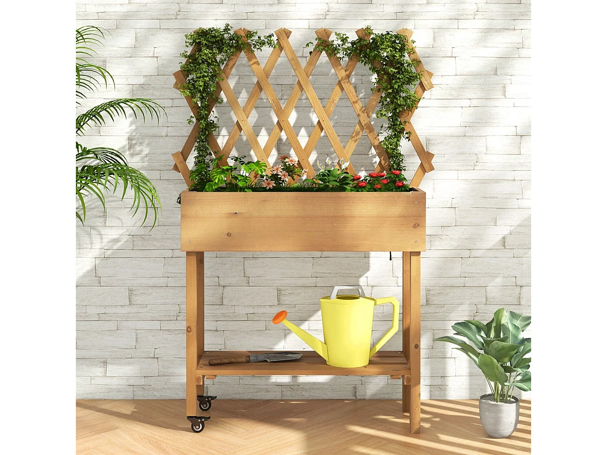 Cama de jardim elevada de madeira com prateleira de armazenamento de treliça Plantador elevado com rodas de travamento Forro de tecido natural 20_0008703