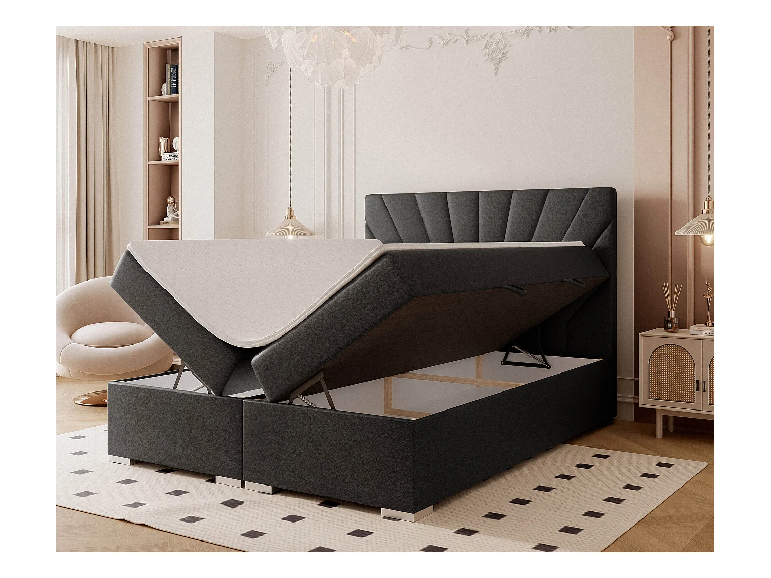 Lit continental rembourré avec surmatelas, noir  - 200x200 - OASIS