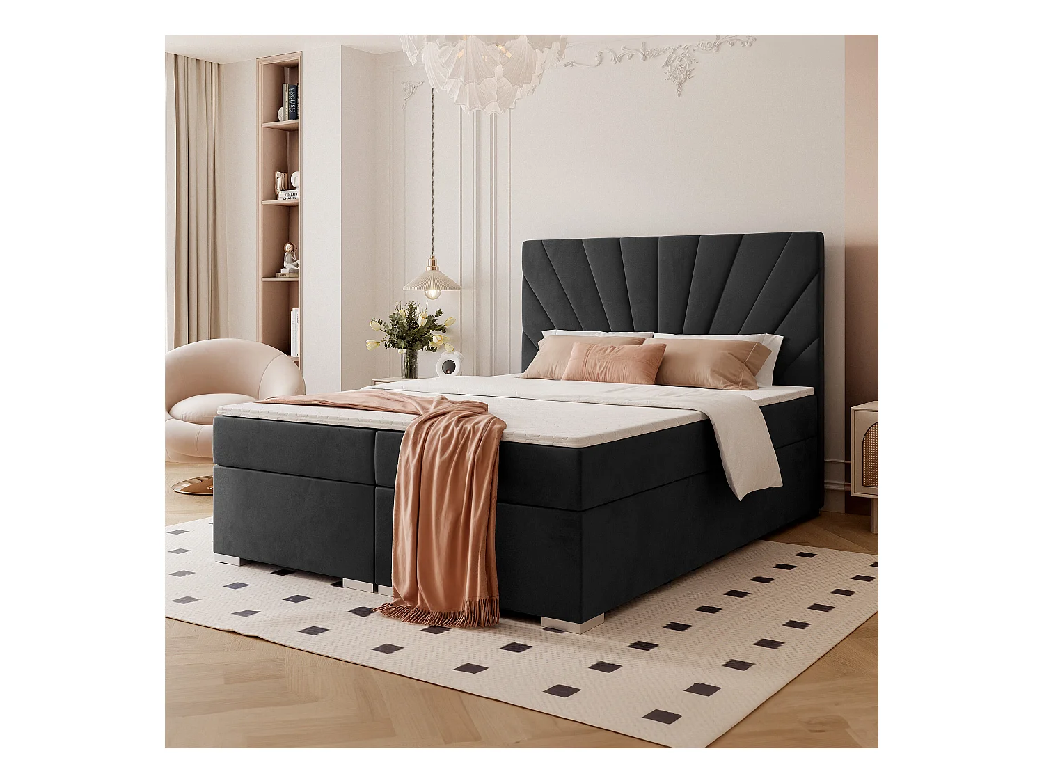 Lit continental rembourré avec surmatelas, noir - 160x200 - OASIS