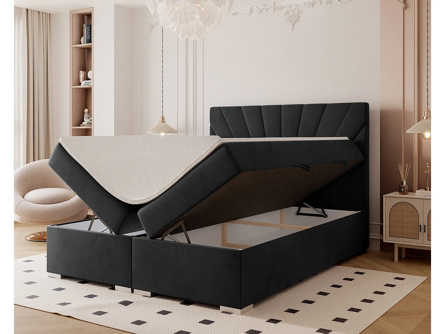 Lit continental rembourré avec surmatelas, noir - 160x200 - OASIS