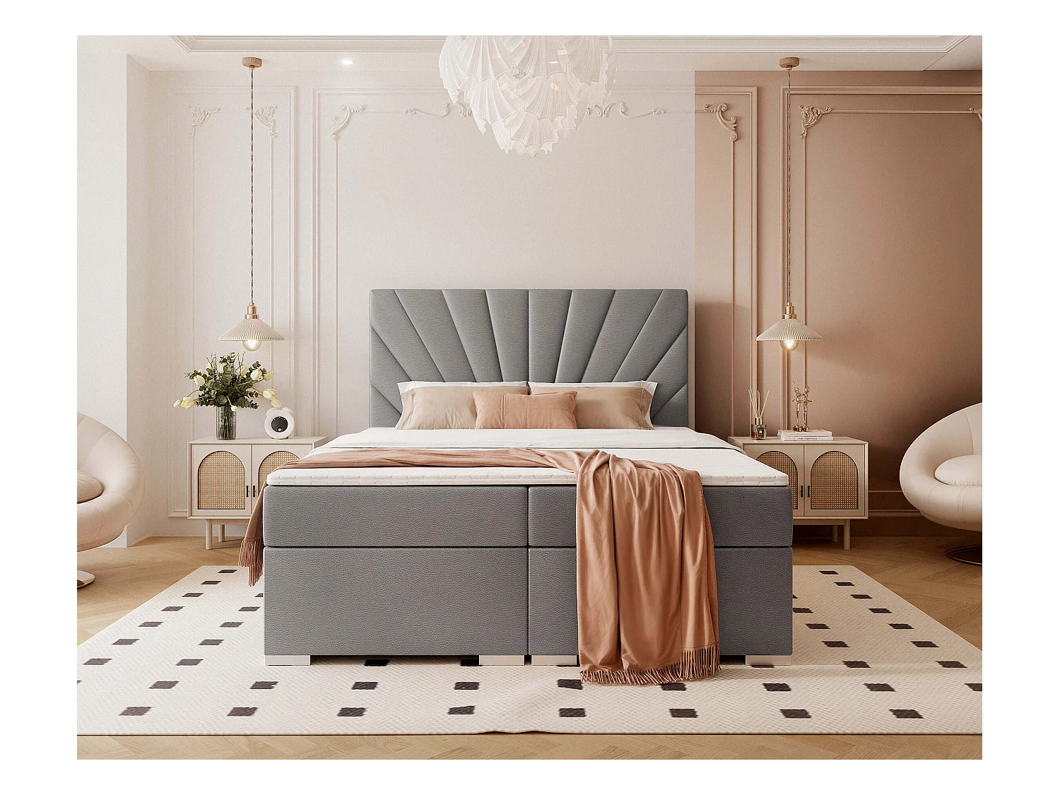 Lit continental rembourré avec surmatelas, gris  - 180x200 - OASIS