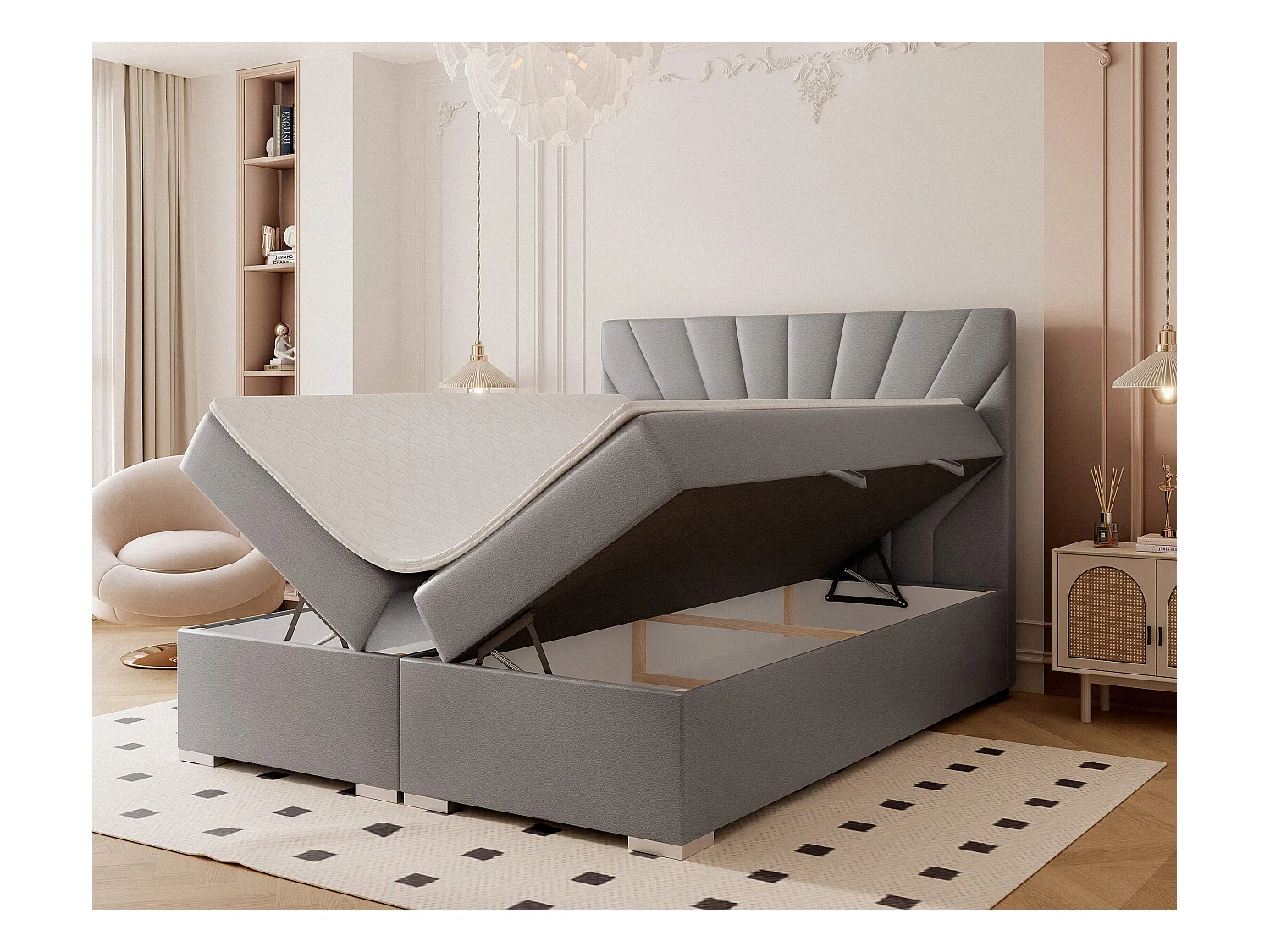 Lit continental rembourré avec surmatelas, gris  - 180x200 - OASIS