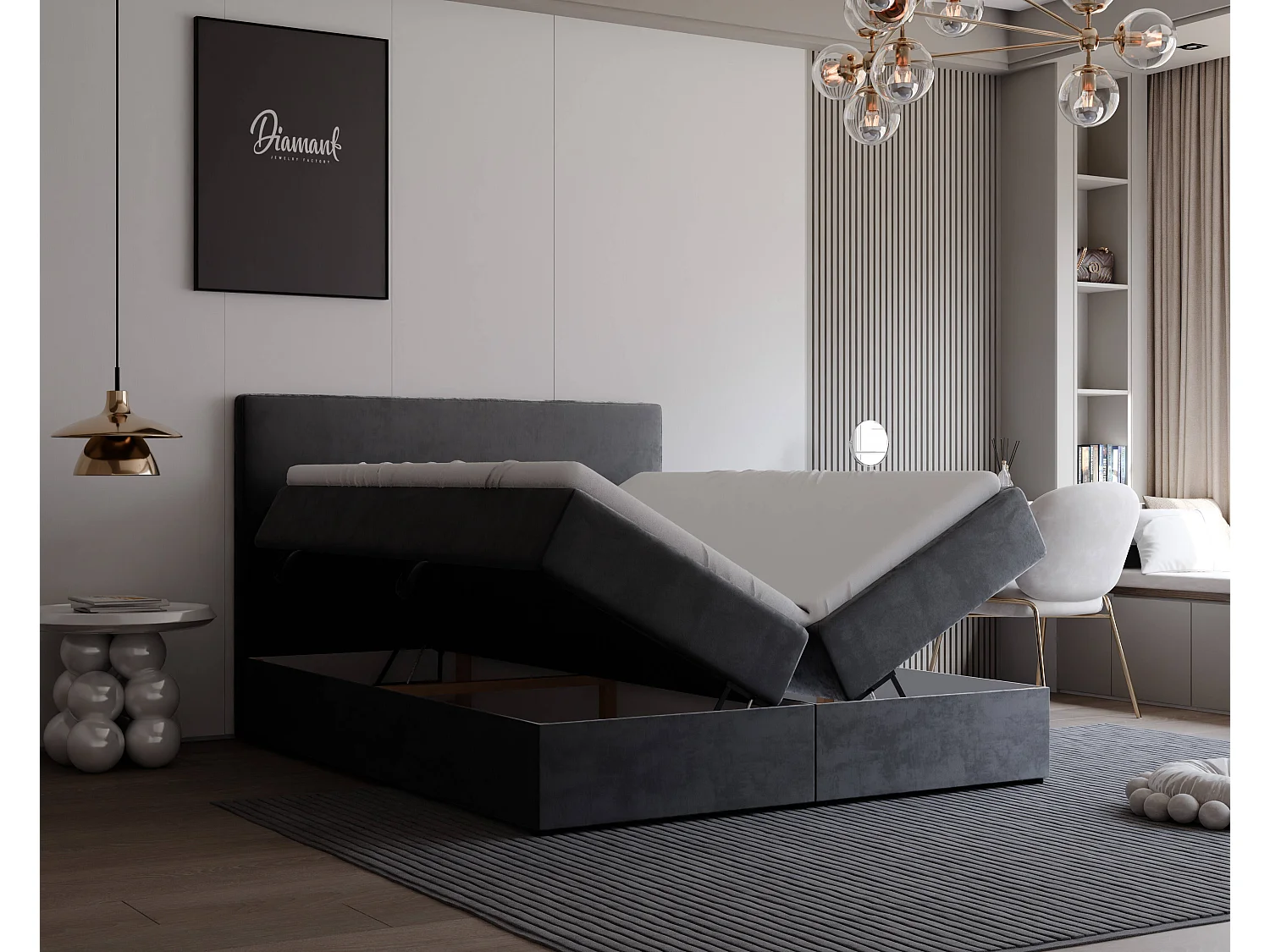 Lit continental rembourré avec surmatelas, gris anthracite - 160x200 - GIULIA