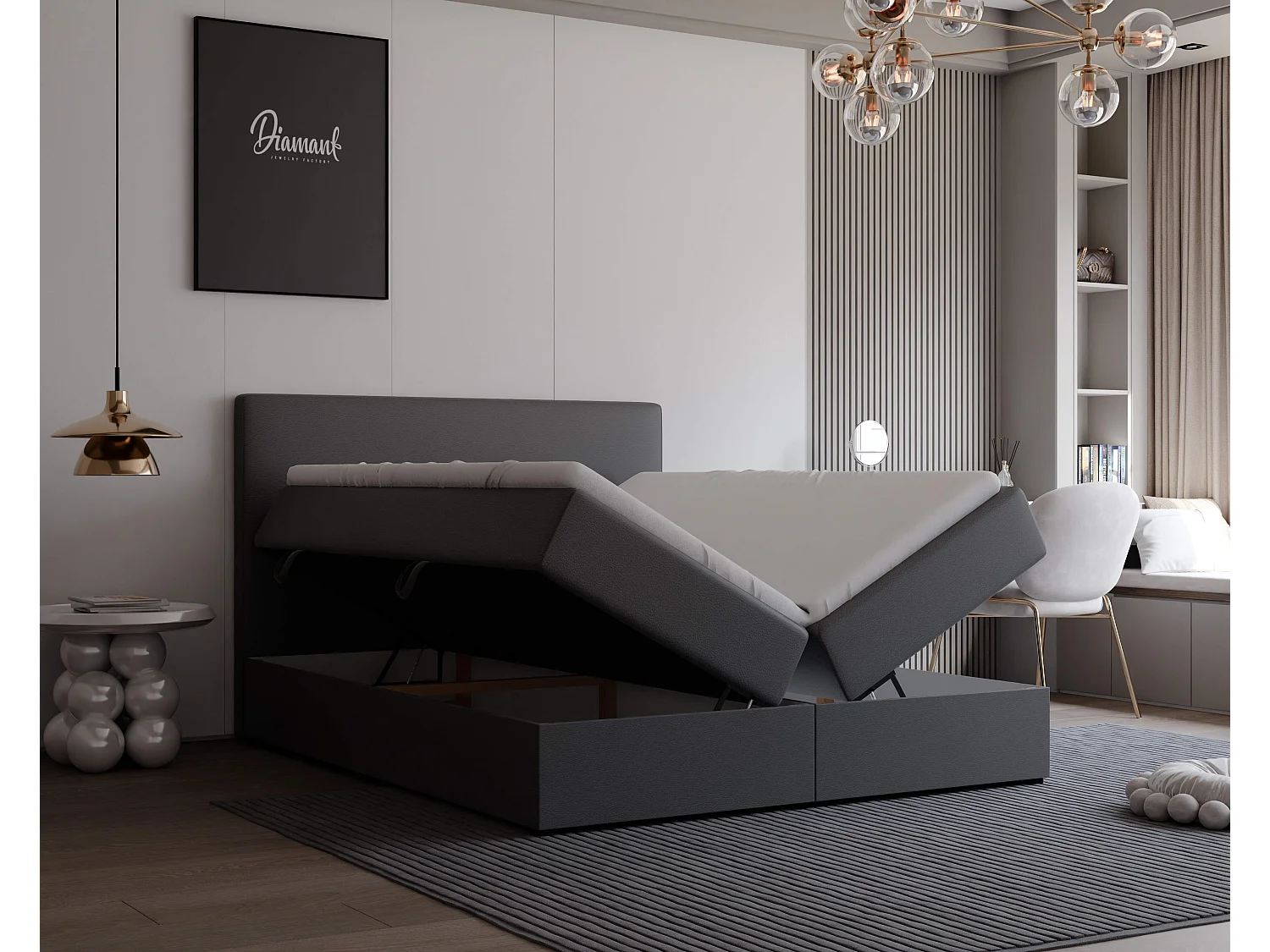 Lit continental rembourré avec surmatelas, noir  - 140x200 - GIULIA
