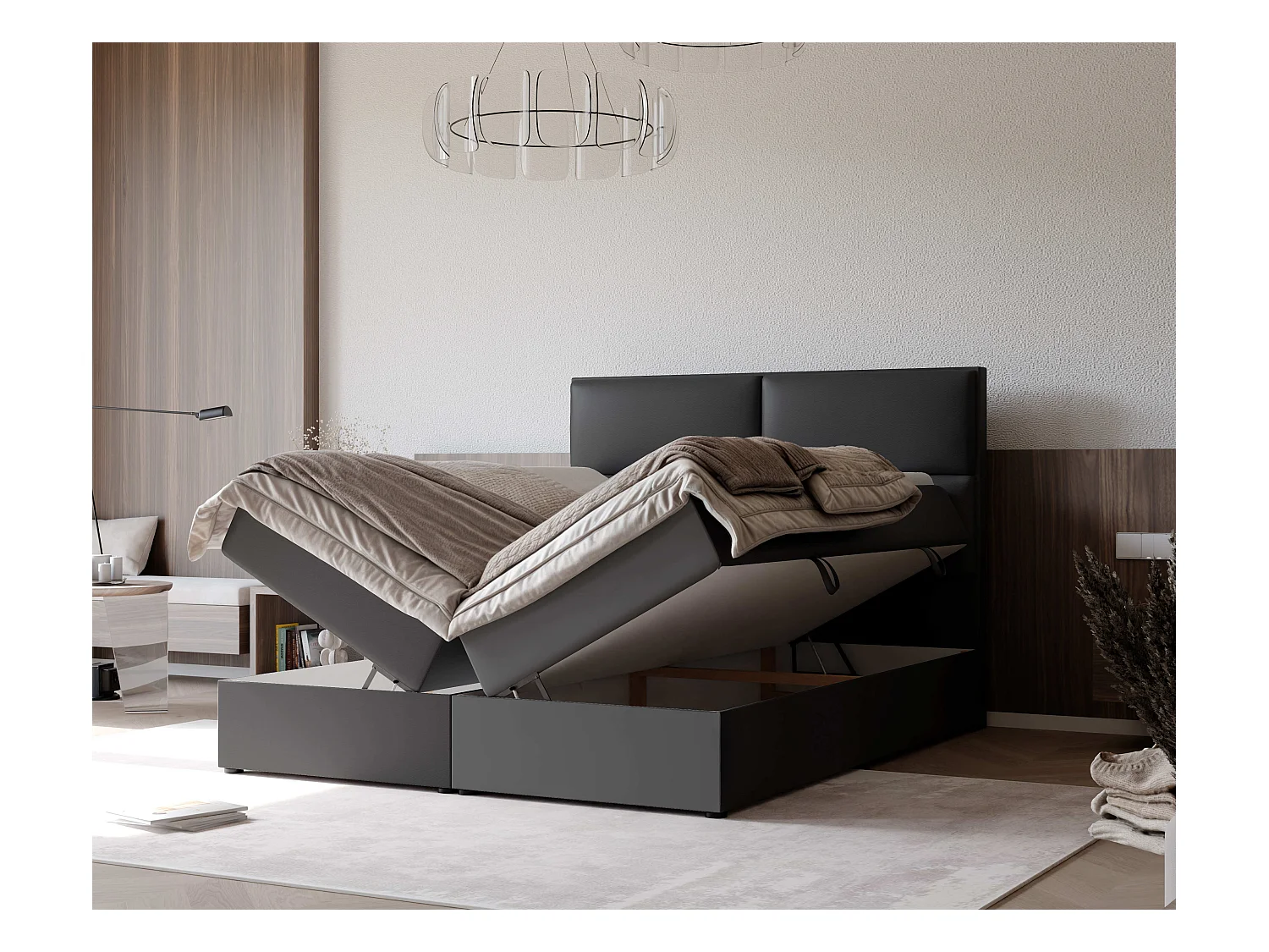 Lit continental rembourré avec surmatelas, noir  - 180x200 - ORFEO