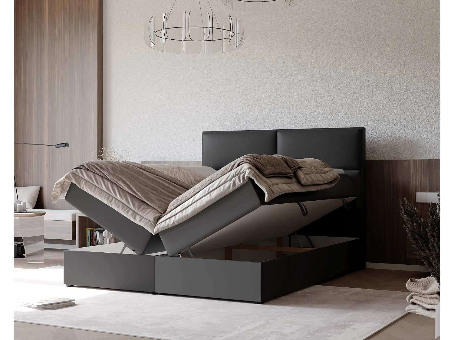 Lit continental rembourré avec surmatelas, noir  - 180x200 - ORFEO