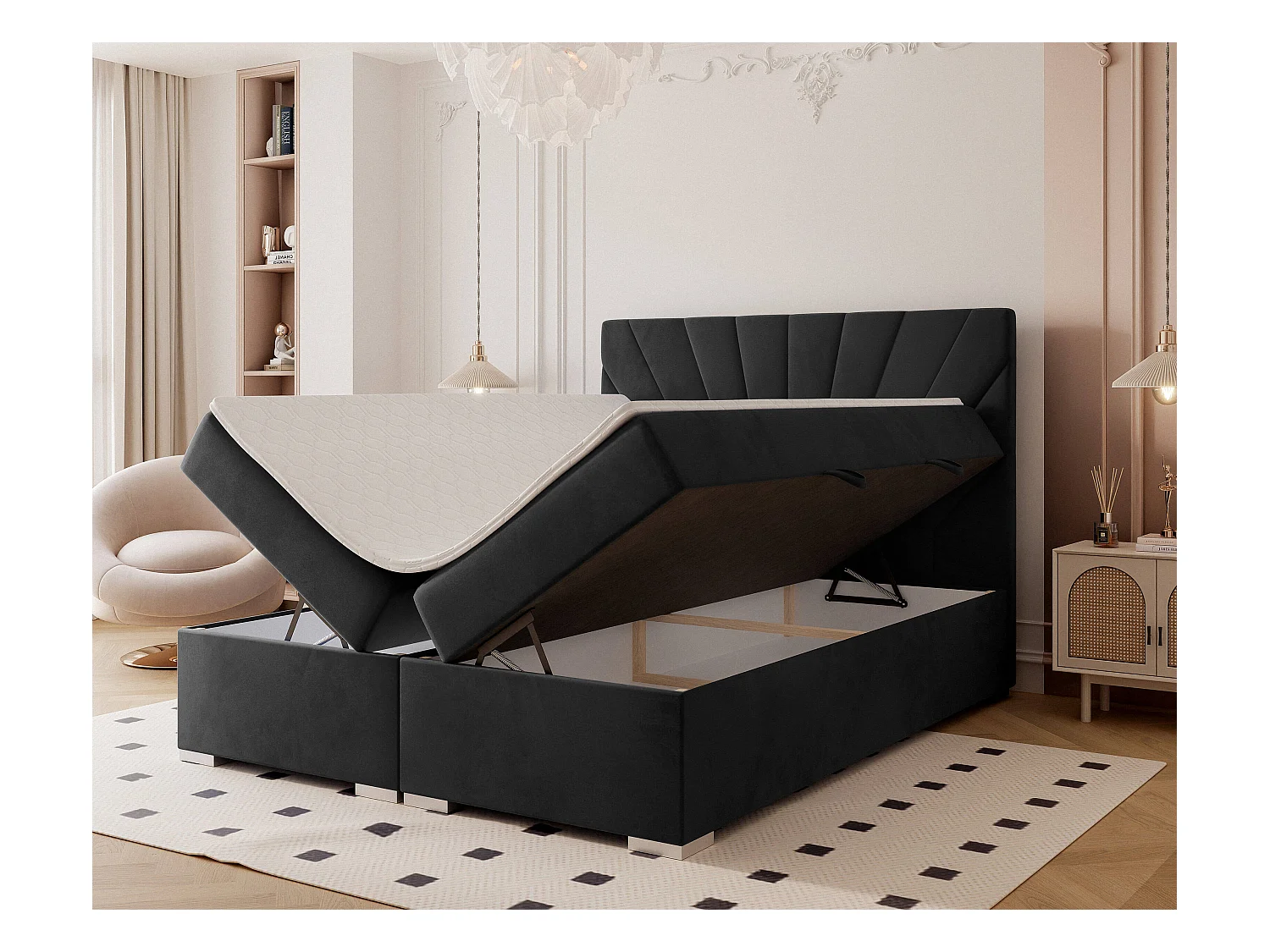 Lit continental rembourré avec surmatelas, noir - 120x200 - OASIS