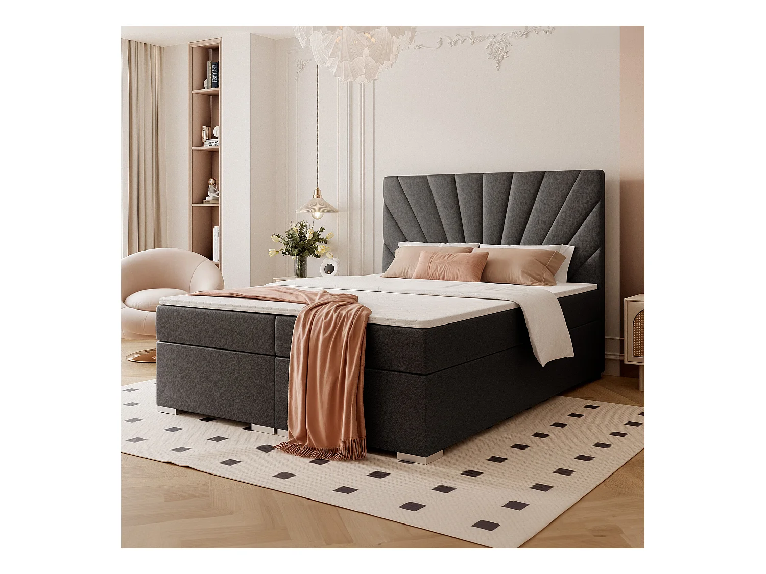 Lit continental rembourré avec surmatelas, noir  - 120x200 - OASIS