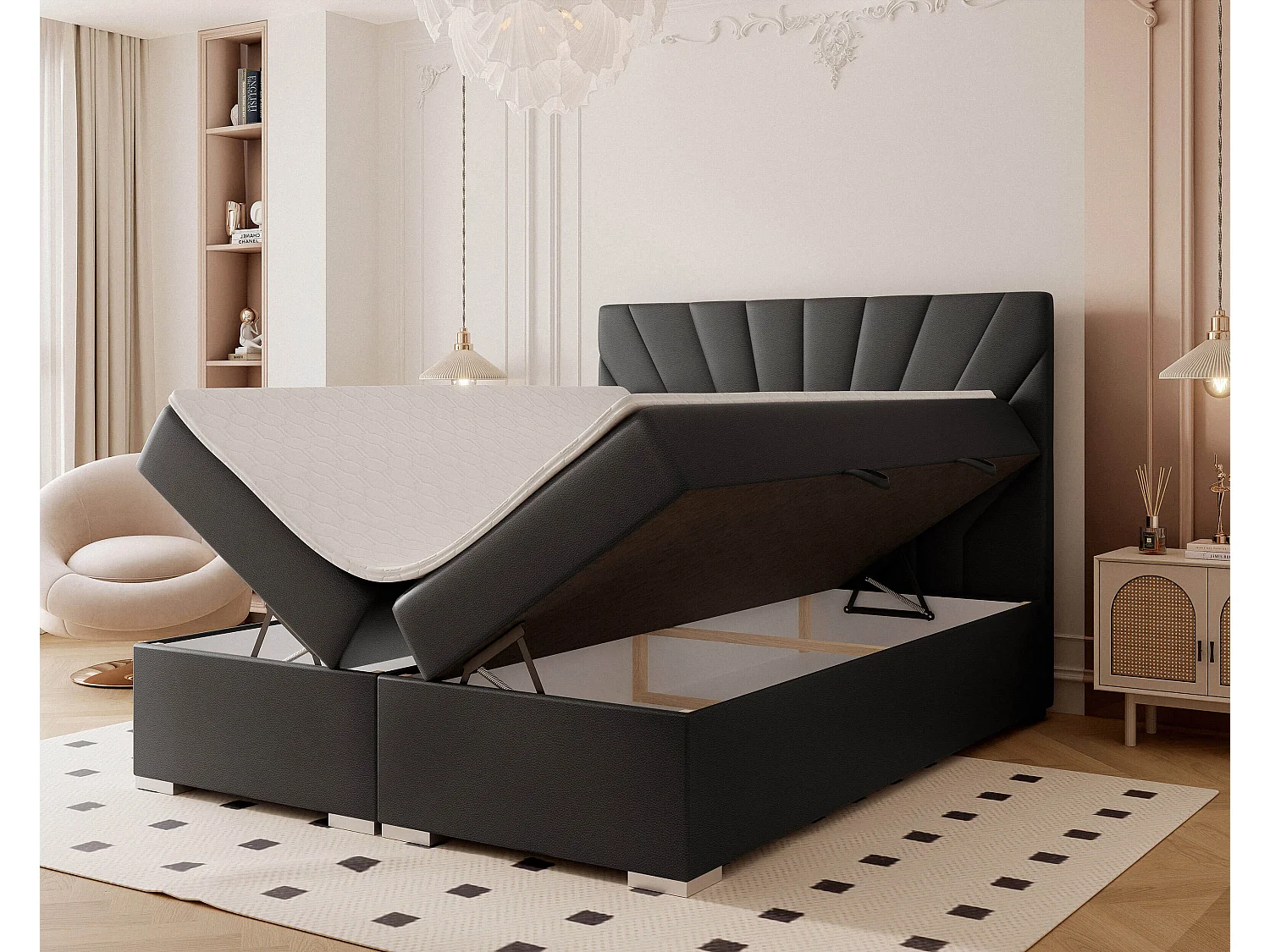 Lit continental rembourré avec surmatelas, noir  - 120x200 - OASIS