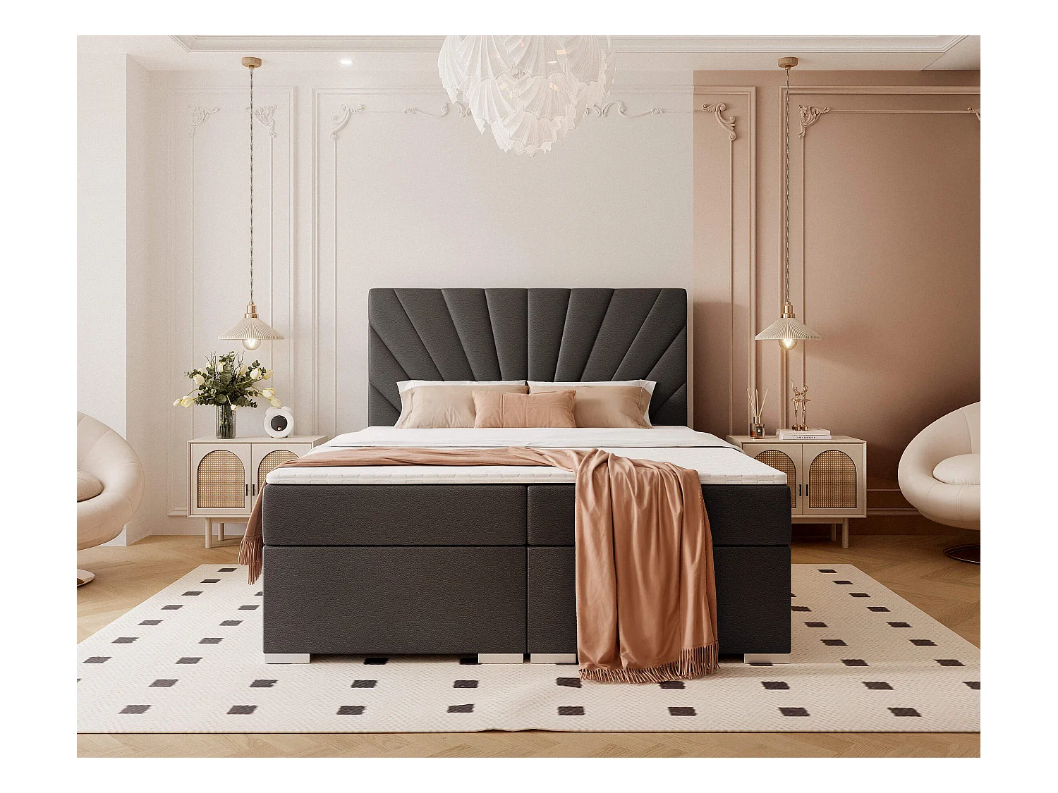 Lit continental rembourré avec surmatelas, noir  - 180x200 - OASIS