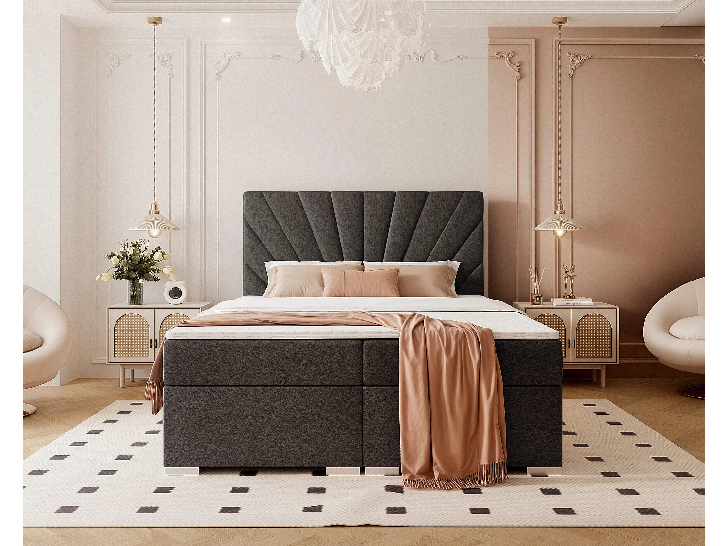 Lit continental rembourré avec surmatelas, noir  - 180x200 - OASIS