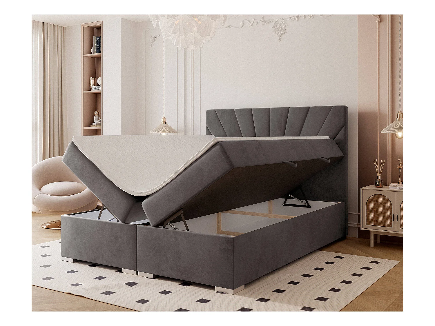 Lit continental rembourré avec surmatelas, gris anthracite - 200x200 - OASIS