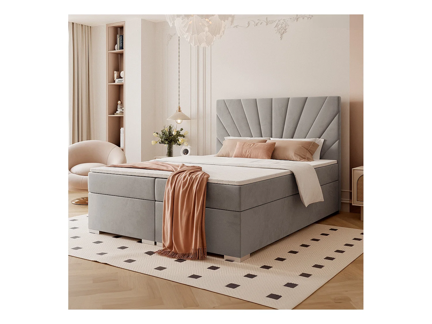 Lit continental rembourré avec surmatelas, gris clair - 200x200 - OASIS