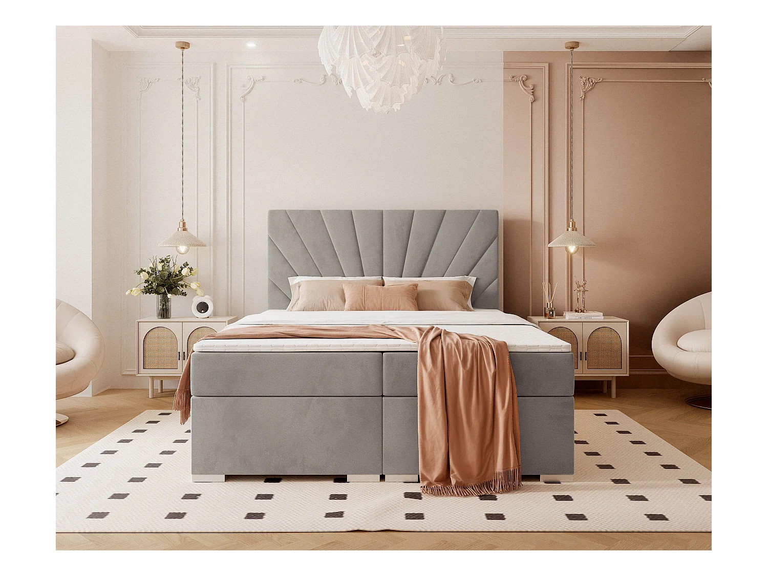 Lit continental rembourré avec surmatelas, gris clair - 200x200 - OASIS