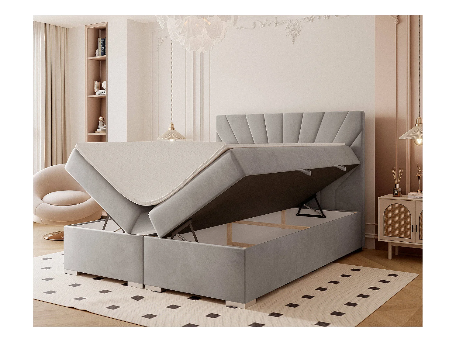 Lit continental rembourré avec surmatelas, gris clair - 200x200 - OASIS