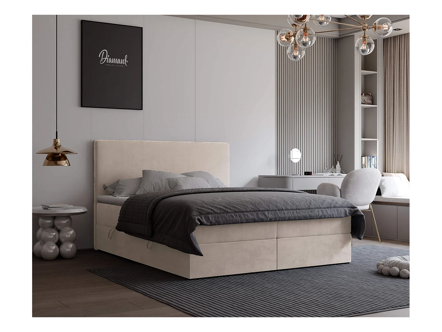 Lit continental rembourré avec surmatelas, crème - 200x200 - GIULIA