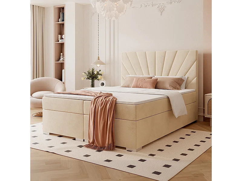Beige gestoffeerd continentaal bed met matras - 120x200