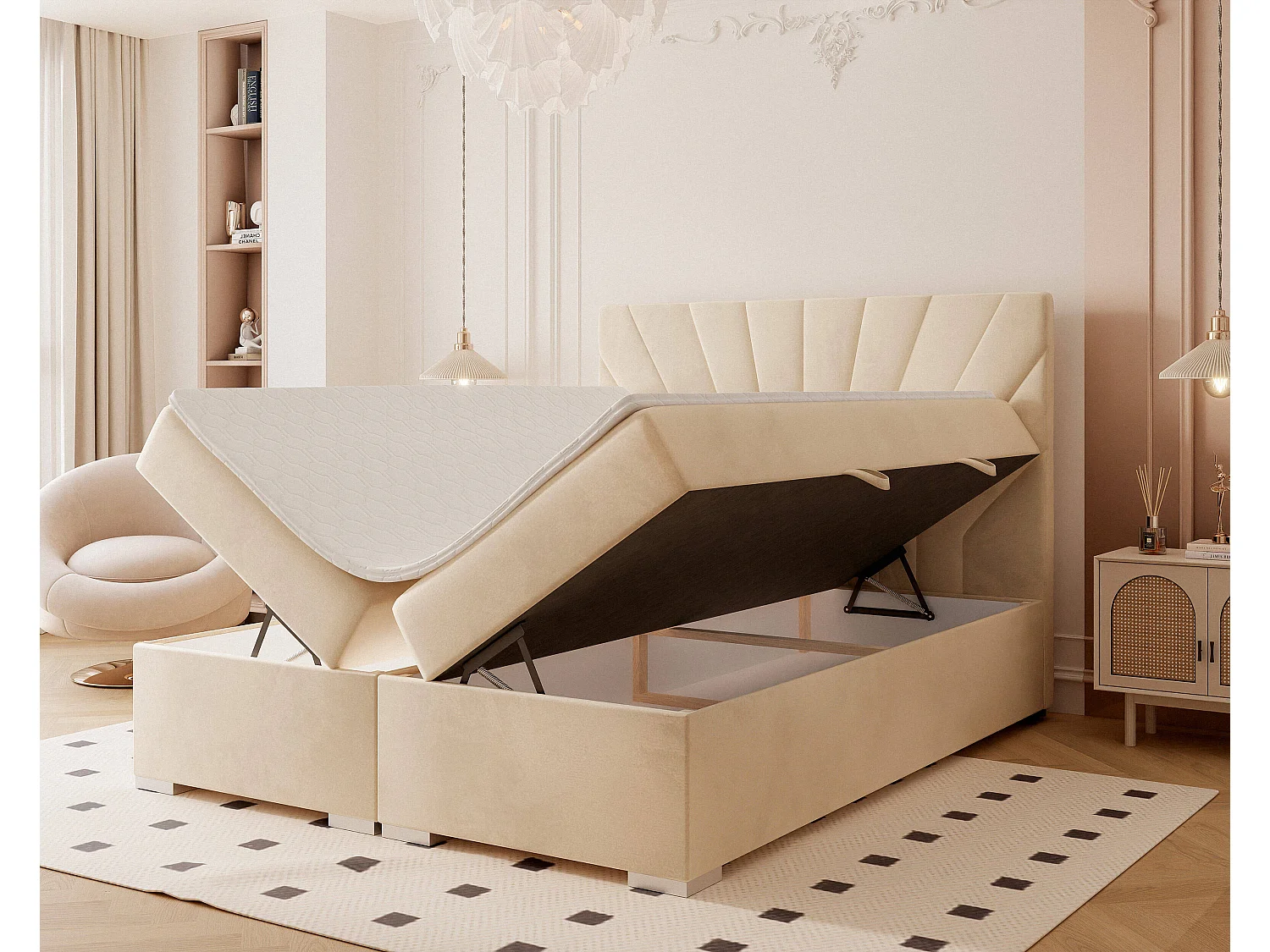 Lit continental rembourré avec surmatelas, crème - 180x200 - OASIS