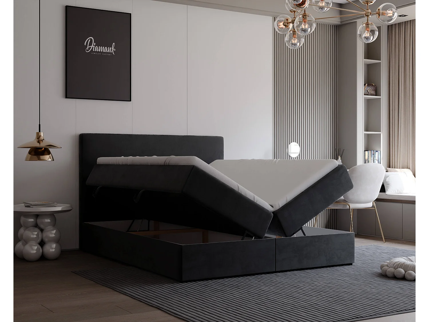 Lit continental rembourré avec surmatelas, noir - 180x200 - GIULIA