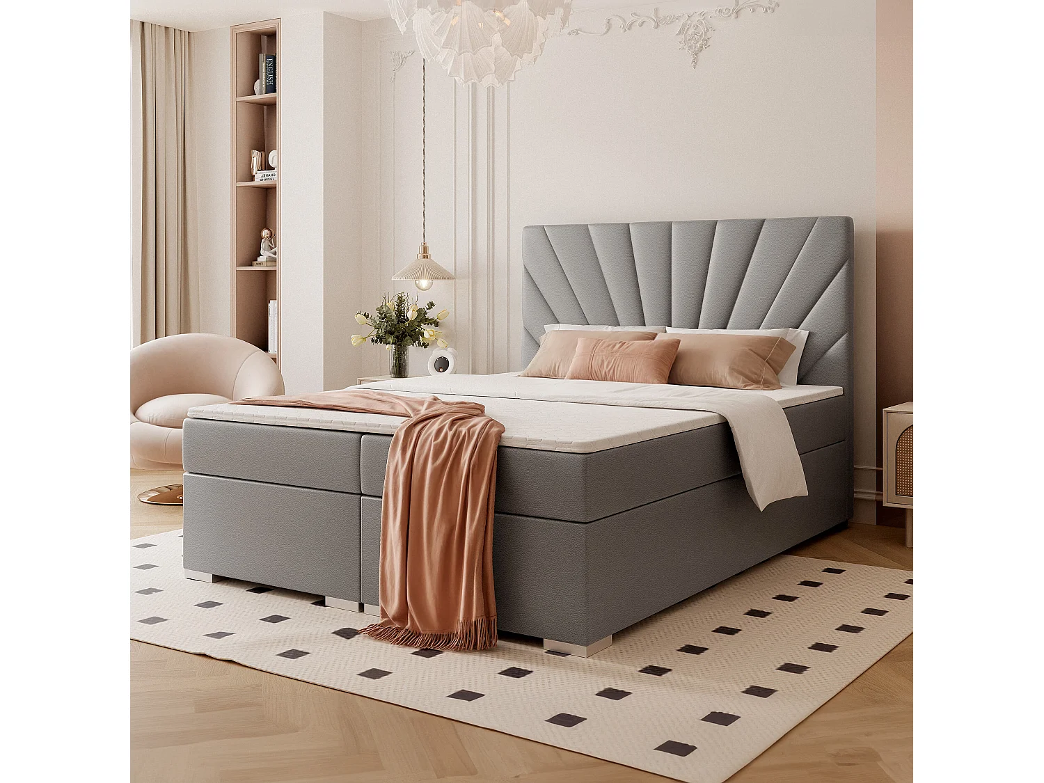 Lit continental rembourré avec surmatelas, gris  - 140x200 - OASIS