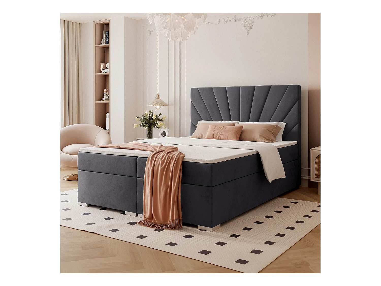 Lit continental rembourré avec surmatelas, gris anthracite - 120x200 - OASIS