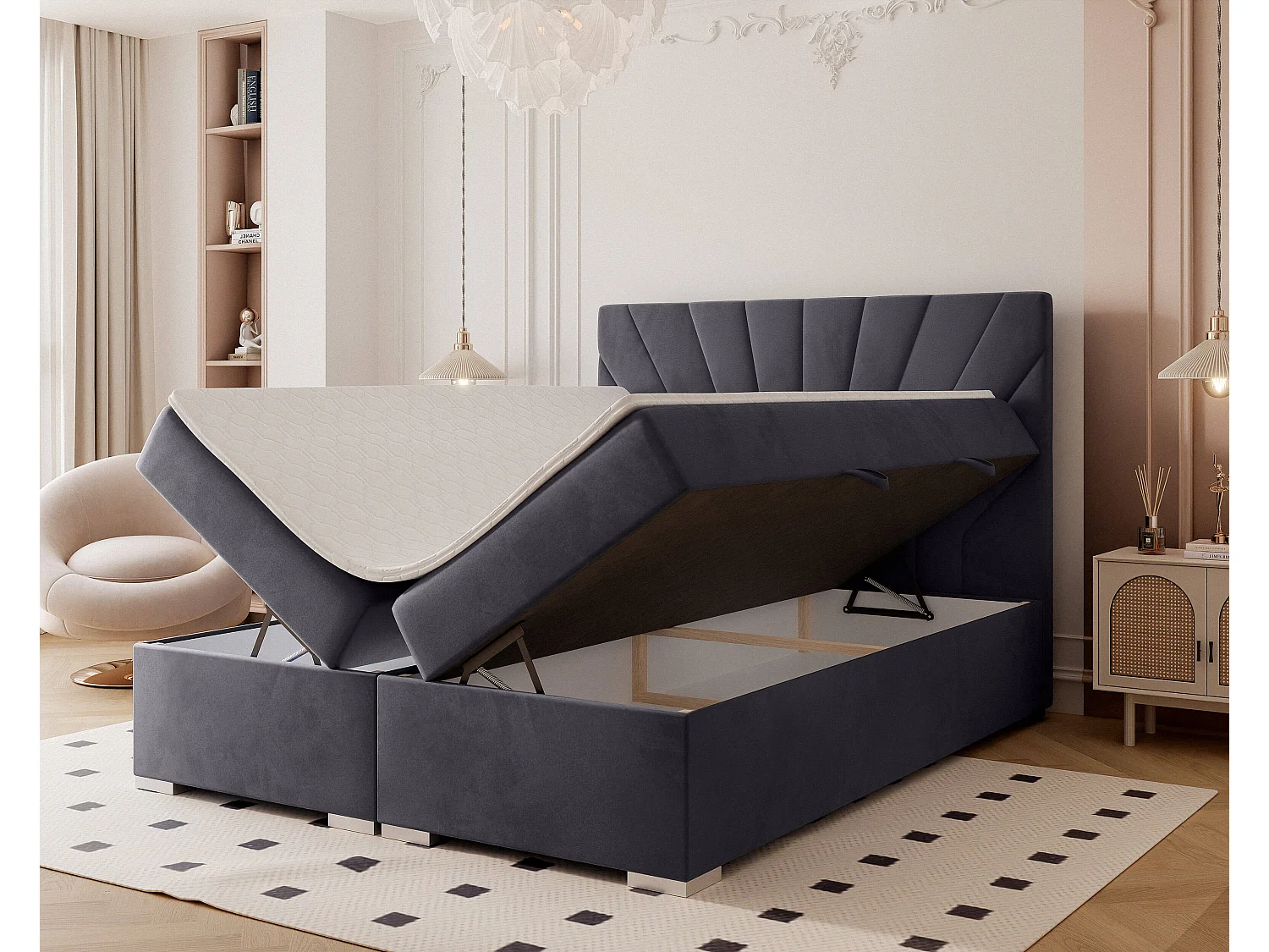 Lit continental rembourré avec surmatelas, gris anthracite - 120x200 - OASIS