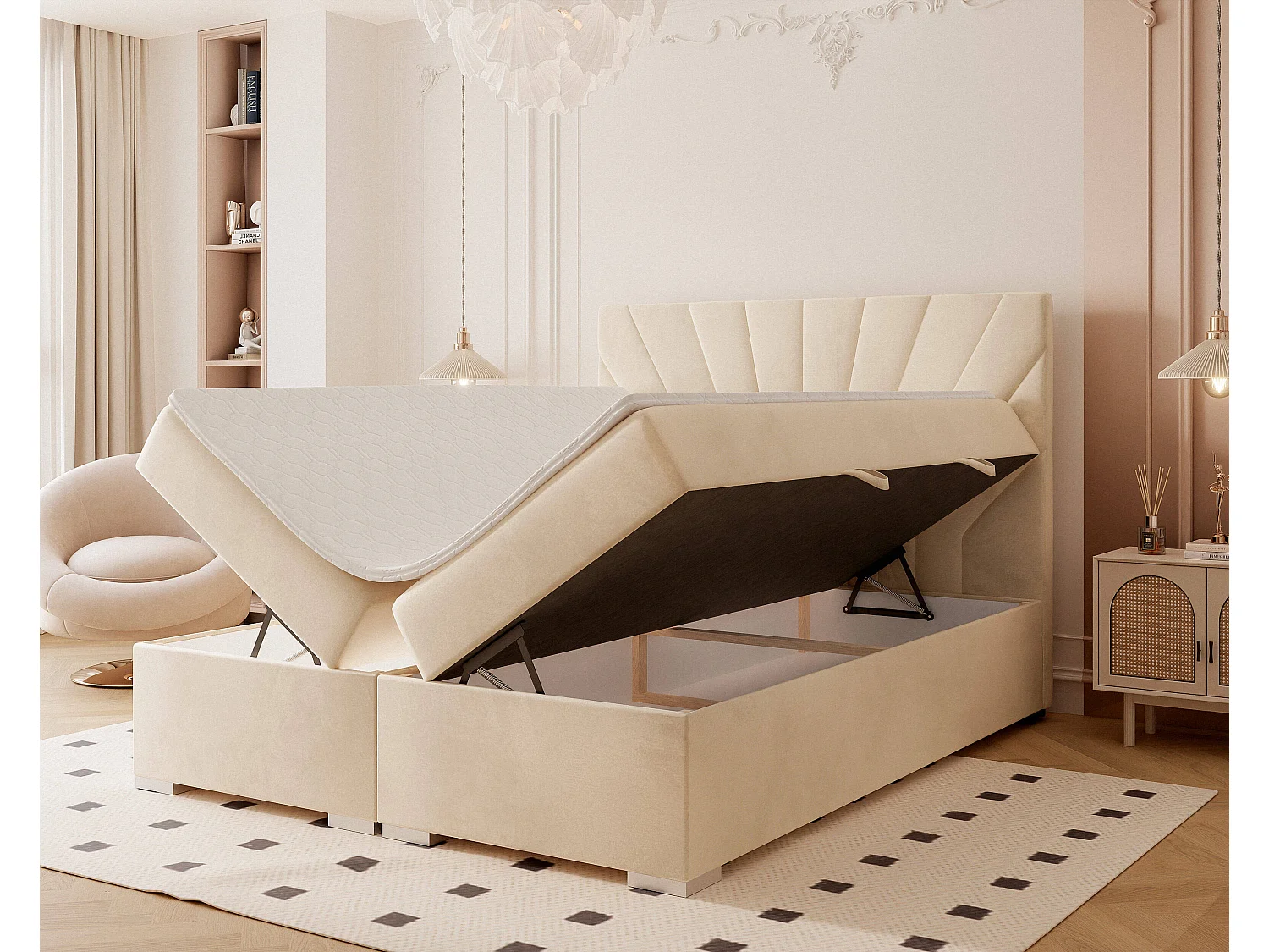 Lit continental rembourré avec surmatelas, beige - 180x200 - OASIS