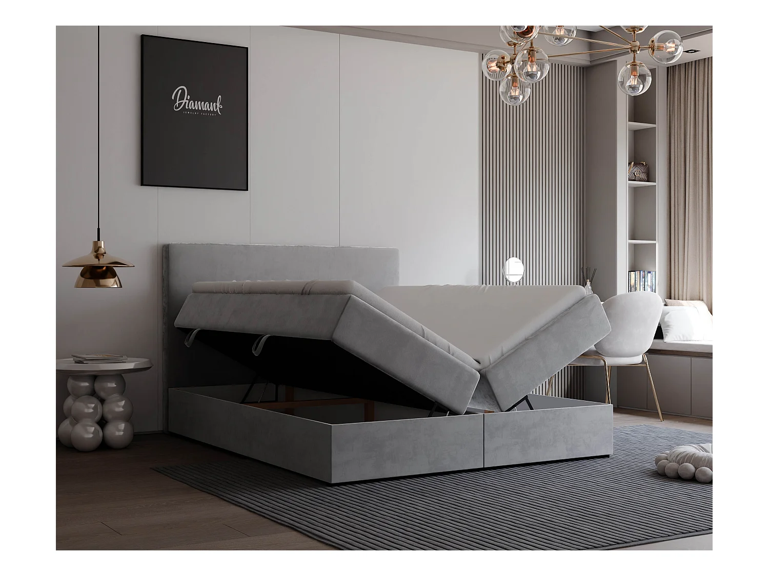 Lit continental rembourré avec surmatelas, gris clair - 180x200 - GIULIA