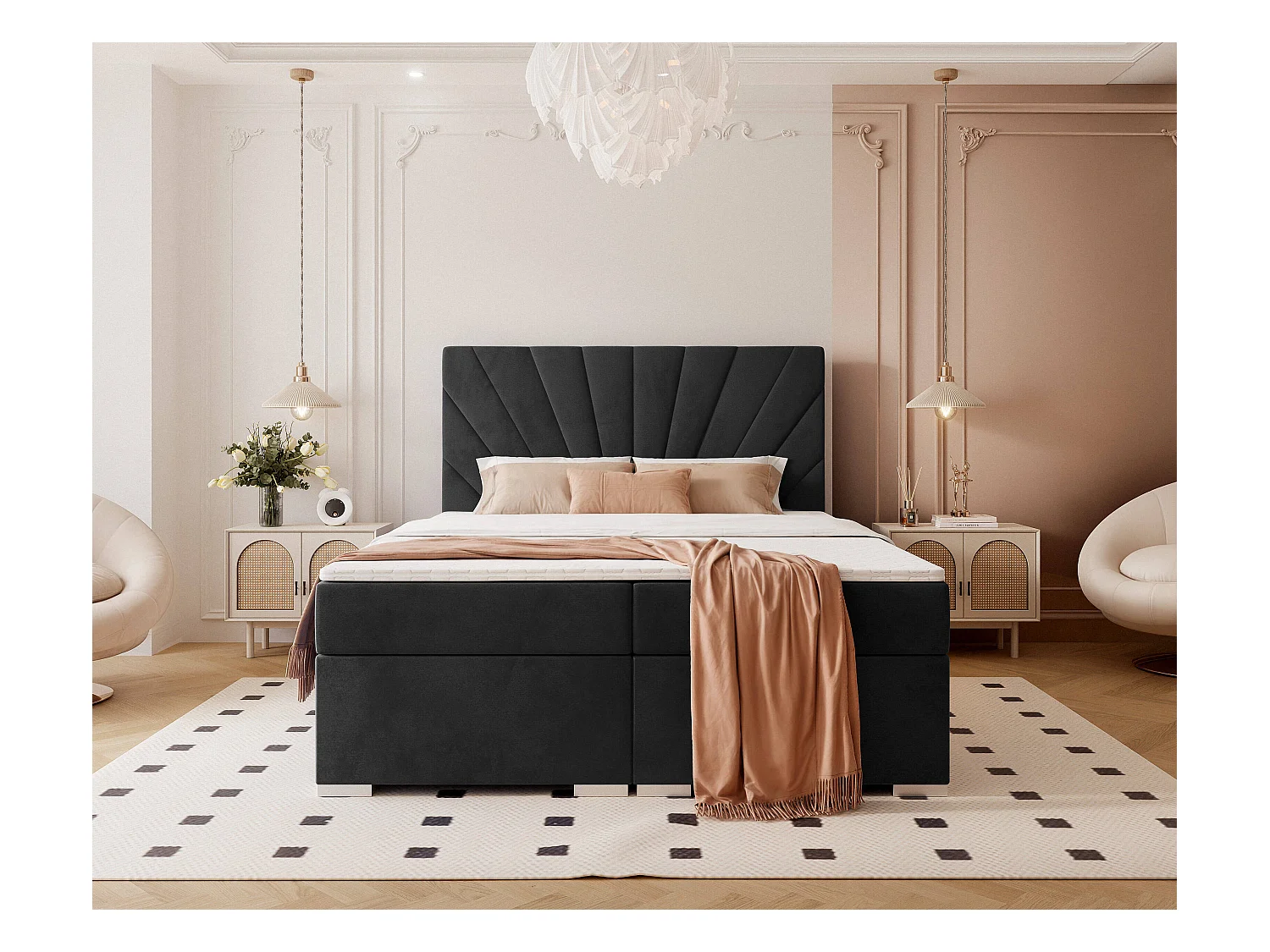 Lit continental rembourré avec surmatelas, noir - 200x200 - OASIS