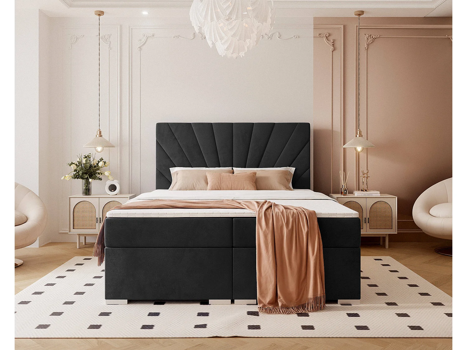 Lit continental rembourré avec surmatelas, noir - 200x200 - OASIS