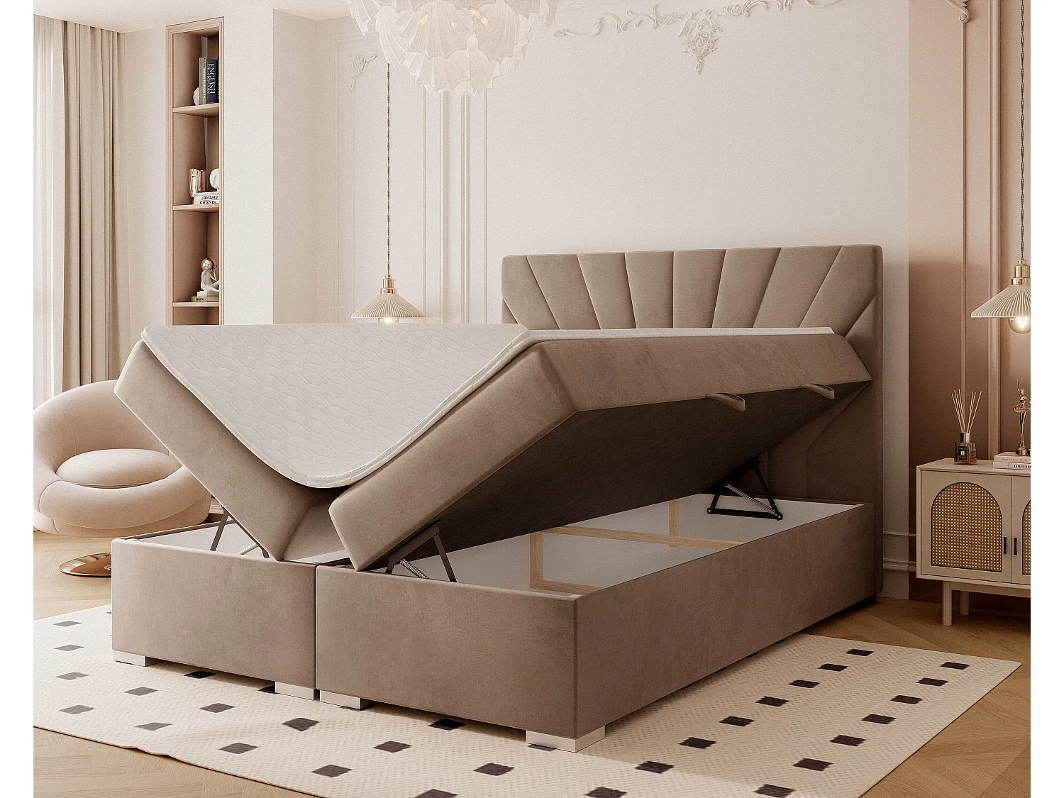 Lit continental rembourré avec surmatelas, marron - 120x200 - OASIS