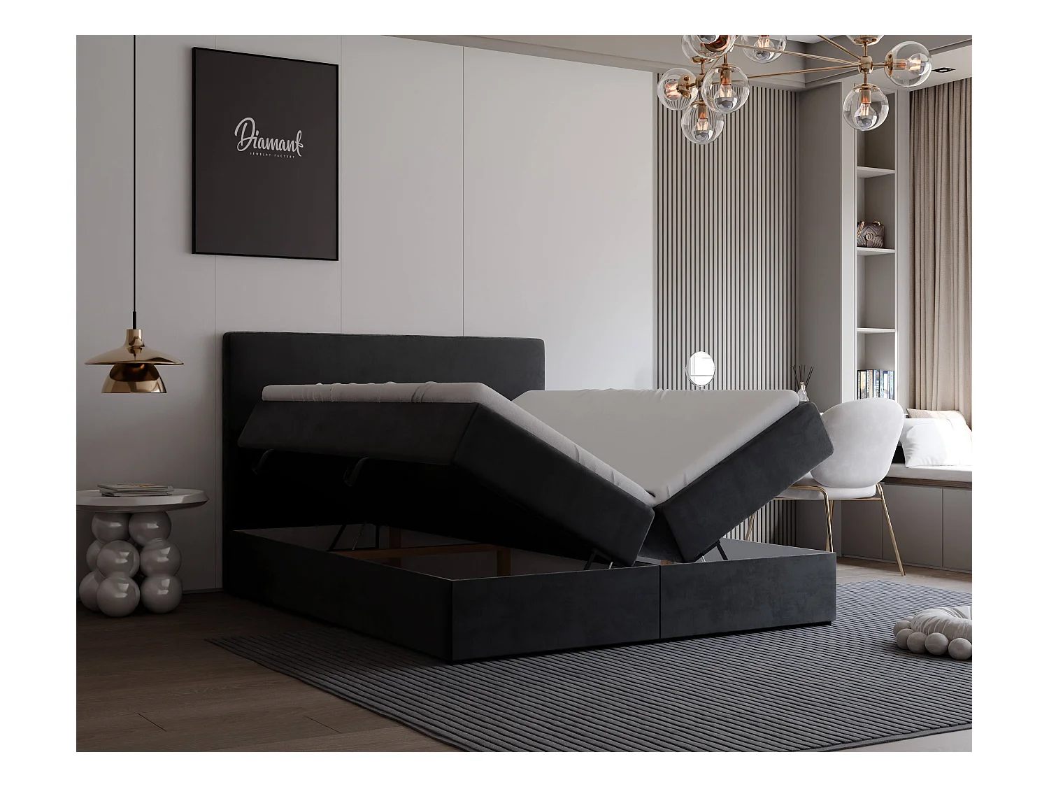 Lit continental rembourré avec surmatelas, noir - 160x200 - GIULIA