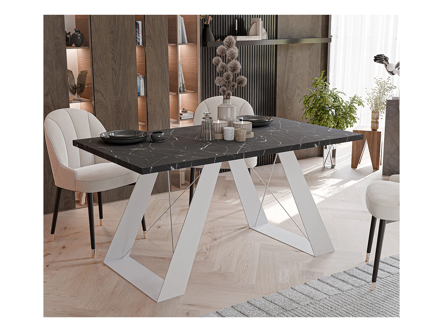 Table à manger extensible 140/240 en MDF, pieds en métal blanc,  grigia pietra