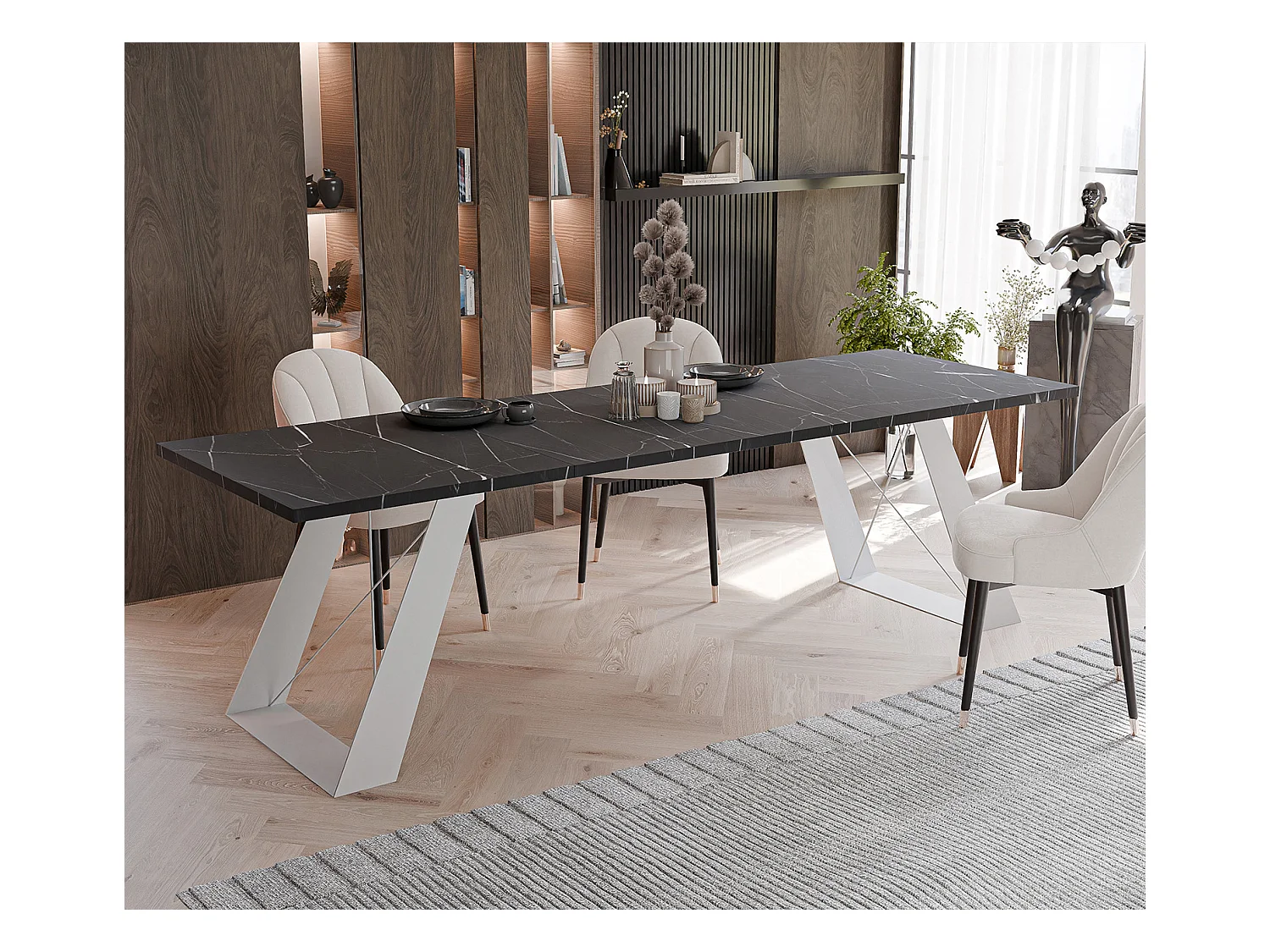 Table à manger extensible 140/240 en MDF, pieds en métal blanc,  grigia pietra