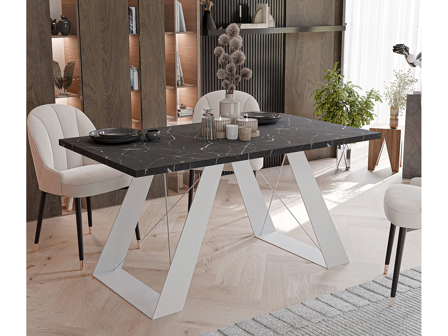 Table à manger extensible 140/240 en MDF, pieds en métal blanc,  grigia pietra