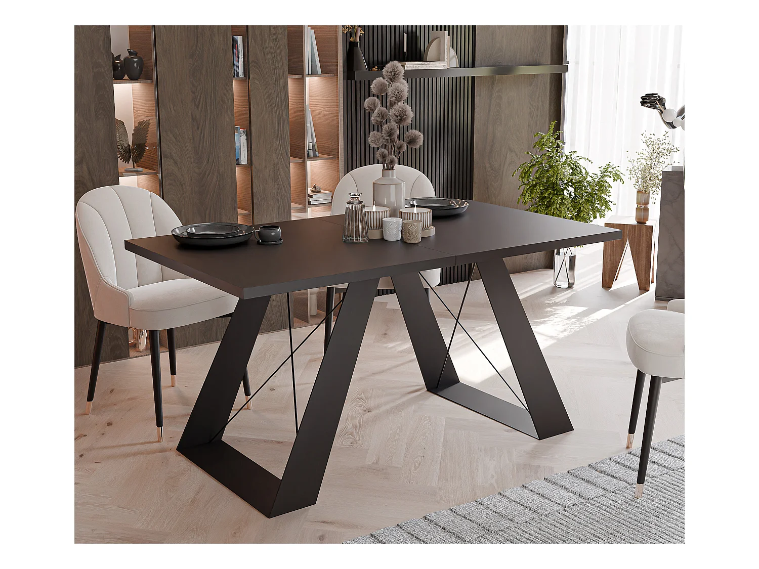 Table à manger extensible 160/260 en MDF, pieds en métal noir, mollet noir